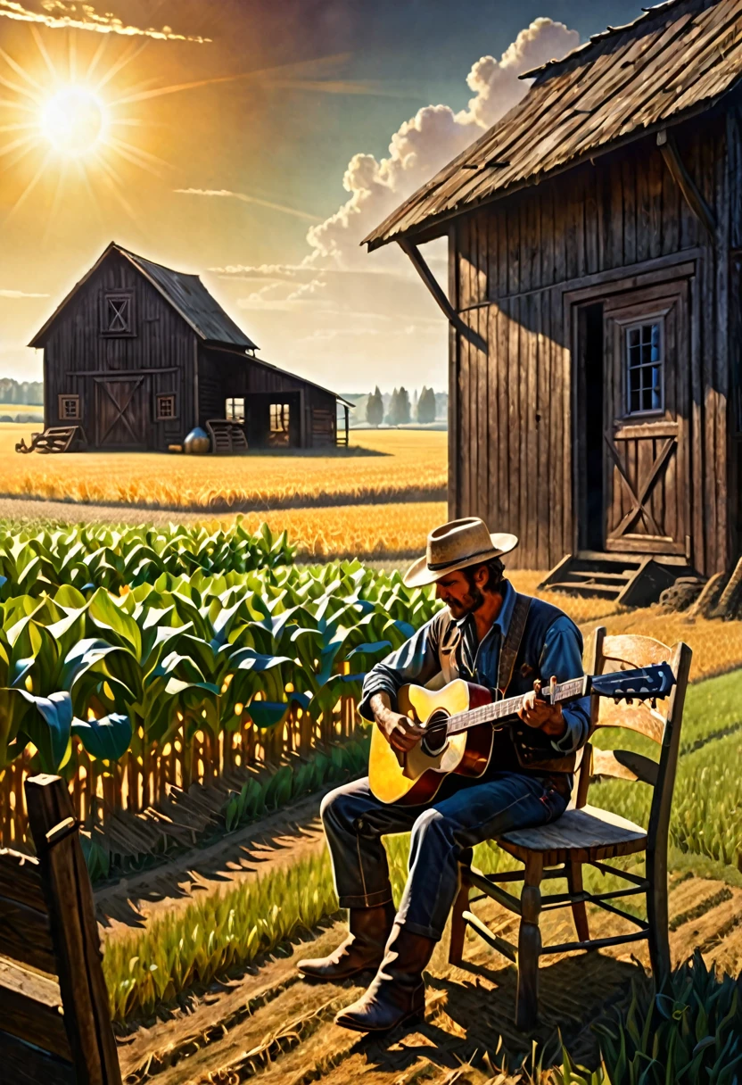 a farmer playing the guitar sitting on a wooden chair and behind his cabin and a barn on the horizon, in a field with crops, on a sunny morning , dark fantasy  style from the 70s, with intense German-style romantic painting. Shadows and spectacular lighting.