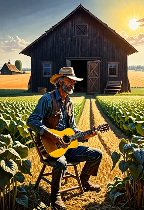 a farmer playing the guitar sitting on a wooden chair and behind his cabin and a barn on the horizon, in a field with crops, on ...