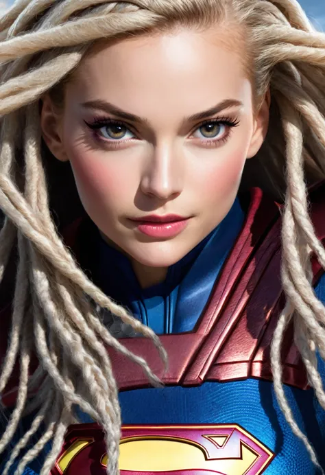 (((Extreme close-up of Rosie Hutington under the mantle of the Kryptonian Kara Zor-The alias Supergirl (((Dreadlocks cabello lar...