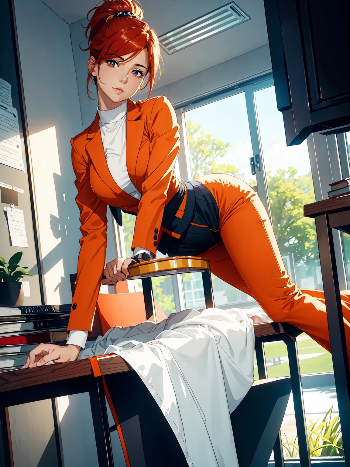 Realistic-style image with razor-sharp 4K quality and vibrant colors. | An elegant and beautiful looking mature woman is standing in her office, wearing tight-fitting dress pants, a simple white t-shirt and a bright orange blazer. Her red hair is neatly pulled back into a high ponytail., revealing his defined eyebrows and piercing red eyes. She has a medium waist and medium breasts, highlighted by your fitted outfit. The woman is looking directly at the viewer, with a confident and self-assured expression. The table behind her is full of documents, indicating that she is a dedicated and hard-working professional. The office is spacious and well lit, with tall windows that allow natural light to enter. Between the elements of the scene, the details of his orange blazer stand out, with golden buttons and impeccable finish. The dress pants are fitted and highlight your firm, shapely legs. The simple white t-shirt is an interesting contrast to the colorful blazer, creating a balanced and harmonious look. The camera is positioned at a medium angle, creating a balanced perspective and emphasizing the woman&#39;s confident pose. The lighting effect is used to create a professional and welcoming environment, with natural light coming in through the windows and illuminating the scene evenly. The image conveys a sense of success, determination and elegance, as if the woman was at the peak of her career and ready to face any challenge.
| (((((The image reveals her in a full-body_shot, striking a confident_pose, leaning enticingly on a structure within the scene. She assumes a relaxed_pose as she interacts, leaning on the structure in the scene, reclining gracefully to add an extra allure to the image))))). | ((perfect_body)), ((perfect_pose)), ((full-body_shot)), ((perfect_fingers, better_hands, perfect_hands)), ((perfect_Legs, perfect_feet)), (((mature woman))), ((perfect_design)), 