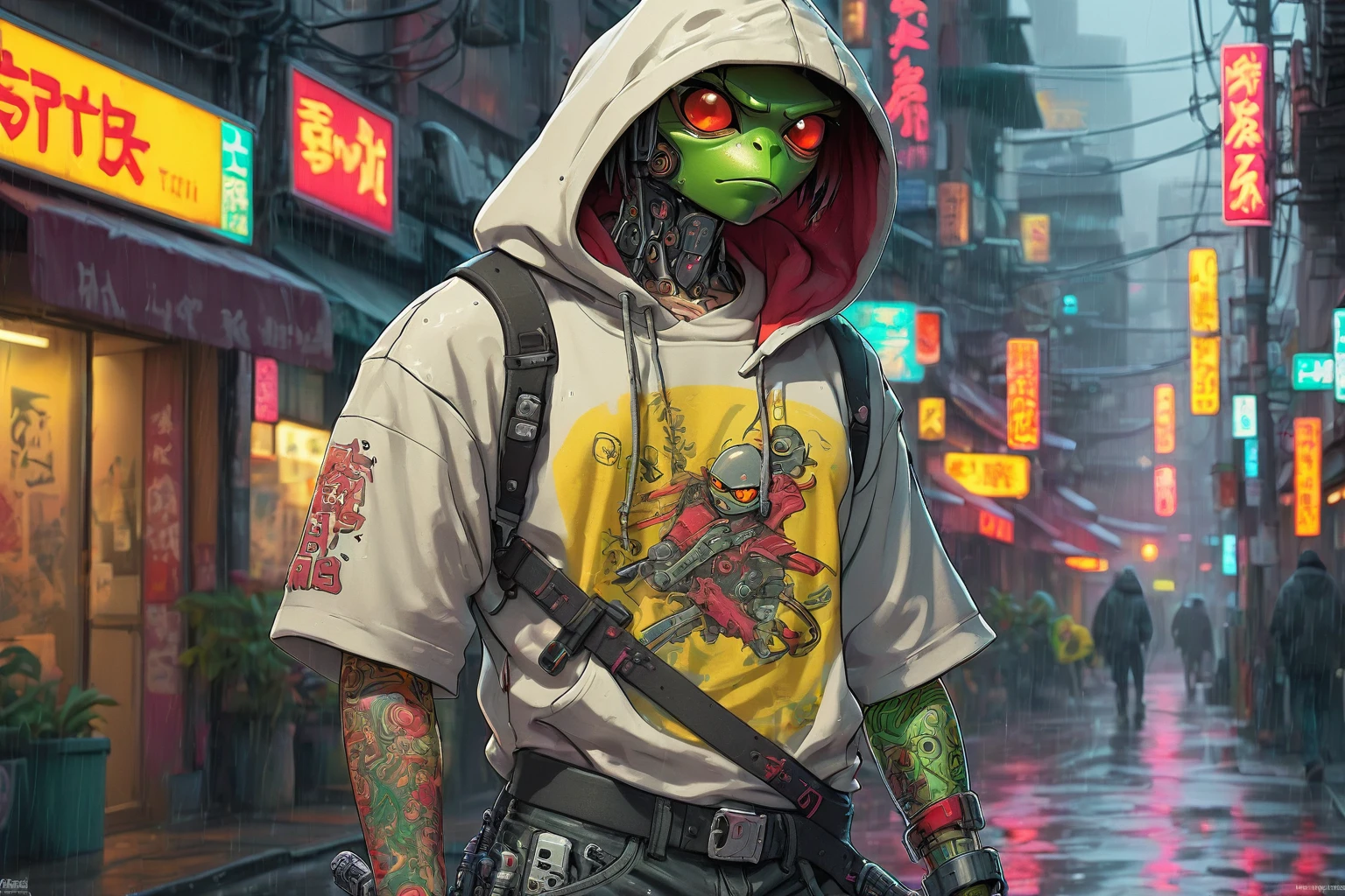 arafed biomechanical man with a pepe on his shirt, complex robot, full growth, hyperrealistic, insane small details, extremely clean lines, cyberpunk aesthetic, masterpiece featured on Zbrush Central , gangster criminal woman with wavy hair detailed alluring eyes Thigh gap long  wearing bag pant and a tshirt have pepe logo , in a beautiful futuristic cyberpunk+ city, mist, wet, raining, detailed, 8k, HDR, shallow depth of field, bright light, high contrast, backlighting, bloom, light sparkles, chromatic aberration, sharp focus, ((more tattoo on skin : 1/4)) , katana in hand , hip hop hoodie , right hand robot , right leg cyborg ,full body view , cyberpunk street , insane small details, hold katana , sword , samurai , cyberpunk outfit ,cyber punk fashion , yellow t-shirt , red eyes , 