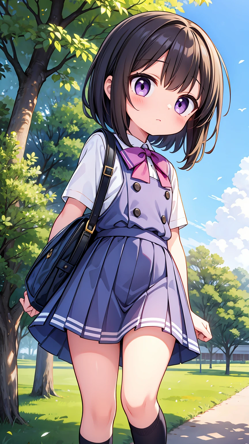 (High quality), (masterpiece), (very detailed), girl, (very small bust), short brown hair, purple eyes, shy face, (primary school loli), showing her thighs, on the school yard, sunny, camera angle from below, adorable eyes, (primar school uniform)