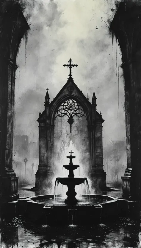a painting of a ((fountain with corpses)), dead bodies, vampire the masquerade bloodlines, incredible art, gloomy background, ni...