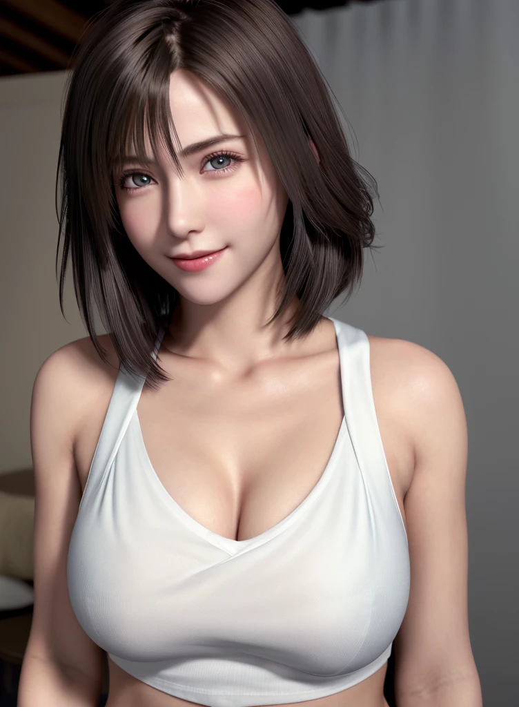 Top quality, ultra high resolution, (photorealistic: 1.4), beautiful eyes, super beautiful, short hair, beautiful breasts, lover, t-shirt with rough chest, eyes inviting viewer, lover's eyes, inviting facial expressions, sexy smile, perfect style, perfect balance, detailed skin, naughty eyes, chest visible