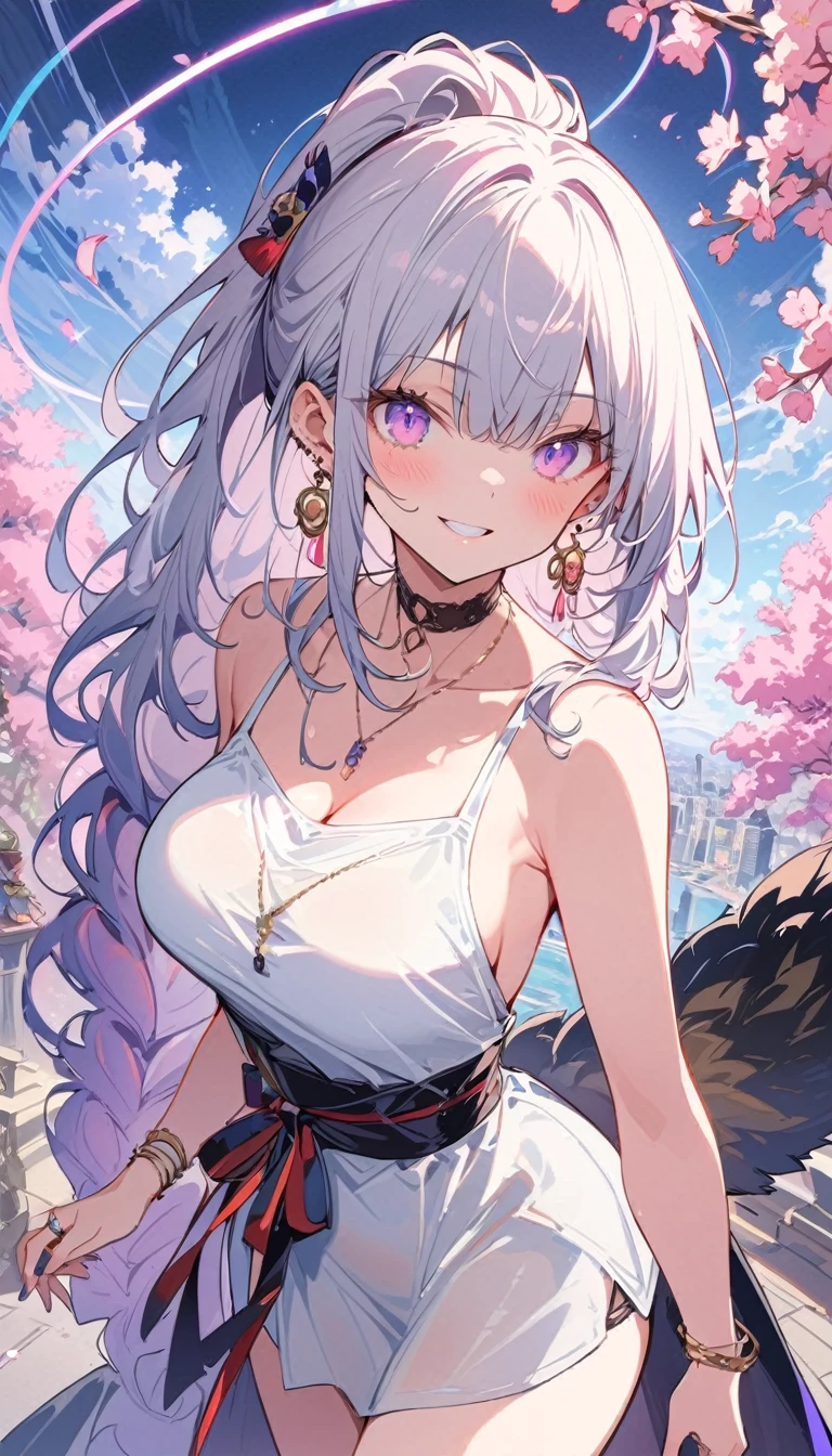 masterpiece, Highest quality, whole body, One girl, bangs, black choker,  blush, bracelet, chest, choker, clothes The surrounding area waist, clavicle,  Cowboy Shot,  ear Earrings, Eyebrows visible through hair, Gradient Hair, Grin, fix, jewelry, Kogal, Long Hair, View Viewer, Earrings,   Red eyes, ring, ,  smile, alone, street, null, cherry blossoms, petal,figure, (magazine:1.3), (cover-style:1.3), fashionable, woman, Vibrant,  Pause, front, colorful, dynamic, background, element, have confidence, Performance, Holding, statement, accessories, Majestic, Coiled, The surrounding area, touch, scene, article, cover, bold, to attract attention, title, stylish, font, Catchy, Heading, big, impressive, Modern, trend, concentrated, fashion,((masterpiece)), Highest quality, Absurd, Super detailed, Holographic, Cowboy Shot, ダイナミックなPause, Golden Ratio, Very cute girl, Mature Girls, Very beautiful, Super beautiful asian girl with super beautiful purple eyes, Very beautiful white hair, Shiny skin, High Ponytail, nice and sexy body, Slim and delicate body, Perfect body,  Cute Panties, Fox Headset, Get your picture taken in a cute alien spaceship,naked,Big Breasts,Sexy