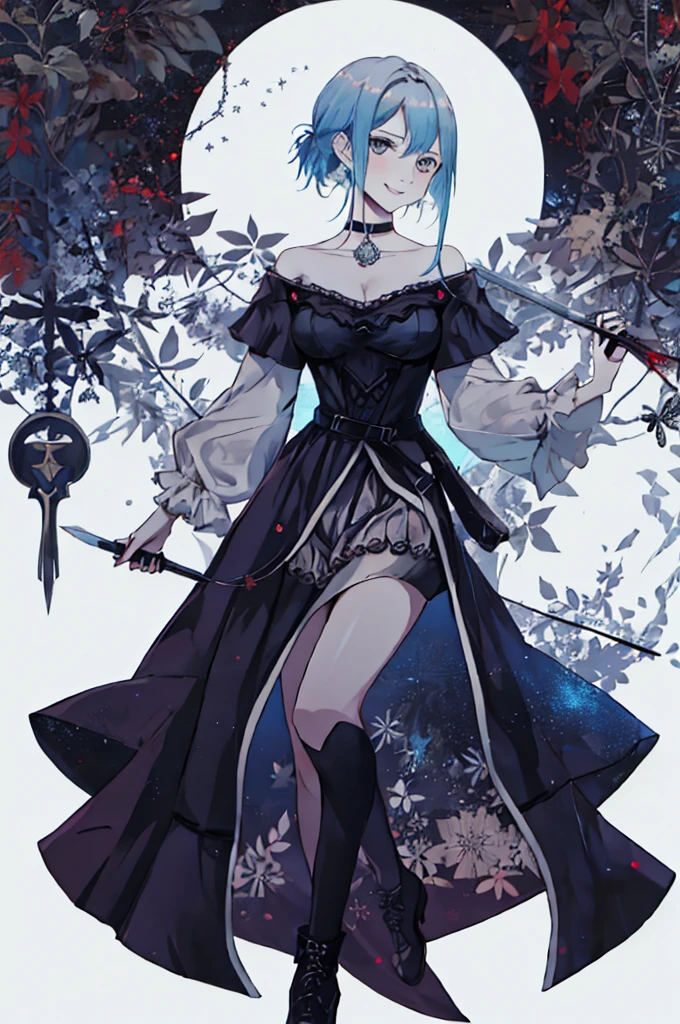  ((best quality)), ((masterpiece)), (detailed), 1girl, Character design, female, dynamic poses, ((long blue hair)), grey white eyes, very skinny, detailed, best quality, no accesoires around the neck, prominent collarbones, skinny arms, full body, blank white background, plain background, white background, ((red and white clothing)), Bloodborne inspired, occult aesthetic, occult, detailed and intricate steampunk and detailed gothic, Very dramatic and cinematic lighting, cosmic horror, grim-dark, side-lighting, perfect face,  Fluttering lace flared long knee length dress with frilly petticoats, knee length dress, pleated petticoats, petticoats gothic, complex lace boots, side-lighting, gothic aesthetic, wielding a mighty sword with mechanical components, mandalas, small breasts, a fairy, various different types of insect wings,full body, whole body, white holy clothes,white holy clothes,((evil smile)),(blue hair),she has a big sword in her hand,