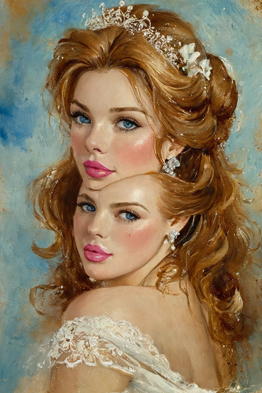 Viktorianische ukrainische Frauen des 19. Jahrhunderts, Sehr detaillierte blonde Haare, pinke Lippen, sehr detaillierte Haut, Nettes Feature, Was für ein Knochen, James Gurney, ink, Splash Art, erstaunliche Schönheit , Royo, nach der Geschlechtsbestimmung, Superdetaillierte, moderne, europäische Splash-Art-Öltintenmalerei, Große, wunderschöne Brüste, herrlicher Körper, Ölgemälde, sehr detaillierte leuchtend diamantblaue Augen, erröten, Greg Rutowski, kein zusätzlicher Kopf:1.4.