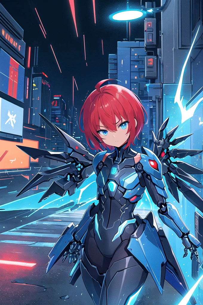 beautiful illustration, best quality, solo, cute girl, blue eyes, red hair, short hair, tan skin, (ahoge:1.1), flat chest, expressionless, cyberpunk city, night, dark, neon light, rtx, reflections, rain, jacket, black glossy metallic Bodysuit , looking at viewer, wet hair, wet clothes, half-closed eyes, glow, armored, cybernetic, robot, mecha, movie poster, fighting stance, blue energy, blue electricity, (coat:1.1), bare shoulders, exoskeleton, angry, energy halo, (mechanical wings:1.3), blue lightning, ruins, rubble, gauntlets
