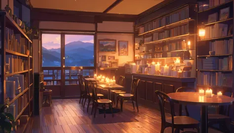 produce a lo-fi aesthetic anime illustration of a cozy and empty cafe during twilight, with book shelves, some lit candles and a...