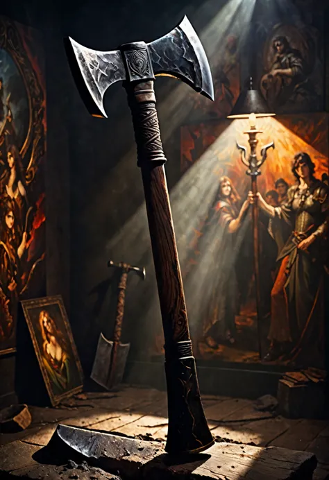 closeup of an ax with one hand, dark fantasy  style from the 70s, with intense German-style romantic painting. Shadows and spect...