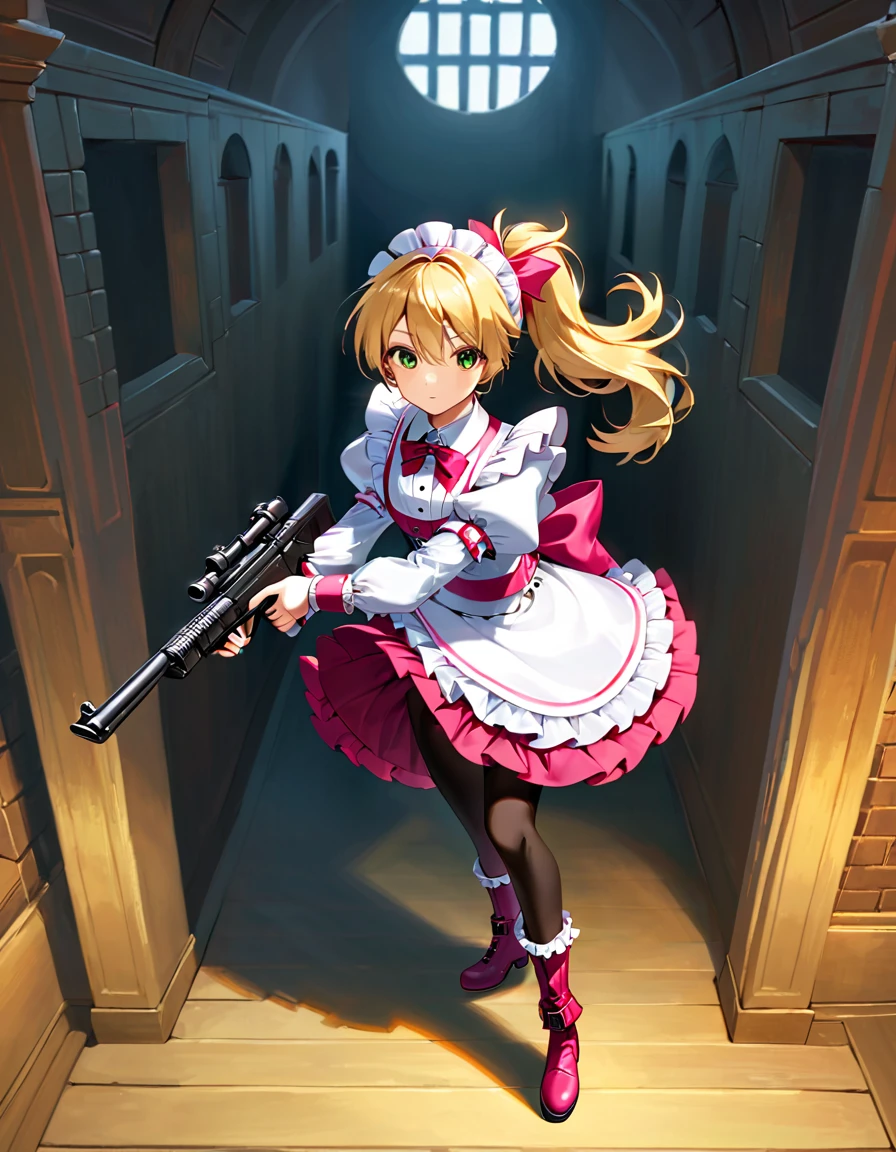 (best quality,4k,8k,highres,masterpiece:1.2),ultra-detailed, (1girl) A cute teenage gunslinger maid with green eyes, drawn in anime style, spiky light blonde hair in a long ponytail, victorian fashion, wearing a cute white maid dress with puffy sleeves, corset, tactical gear, light armour, petticoat, bloomers, black pantyhose, black tights, a frilly headband, a frilly pink apron, high-heel boots, ribbons, (lora:perfect hands:1m wielding a gun with one hand, Beretta 92FS), steampunk style, guarding a castle hallway, extremely detailed eyes and face,longeyelashes,volumetric lighting,cinematic lighting,protective posture,dramatic close up,highly detailed texture,intricate details.