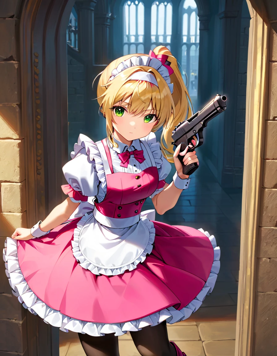 (best quality,4k,8k,highres,masterpiece:1.2),ultra-detailed, (1girl) A cute teenage gunslinger maid with green eyes, drawn in anime style, spiky light blonde hair in a long ponytail, victorian fashion, wearing a cute white maid dress with puffy sleeves, corset, tactical gear, light armour, petticoat, bloomers, black pantyhose, black tights, a frilly headband, a frilly pink apron, high-heel boots, ribbons, (lora:perfect hands:1m wielding a gun with one hand, Beretta 92FS), steampunk style, guarding a castle hallway, extremely detailed eyes and face,longeyelashes,volumetric lighting,cinematic lighting,protective posture,dramatic close up,highly detailed texture,intricate details.