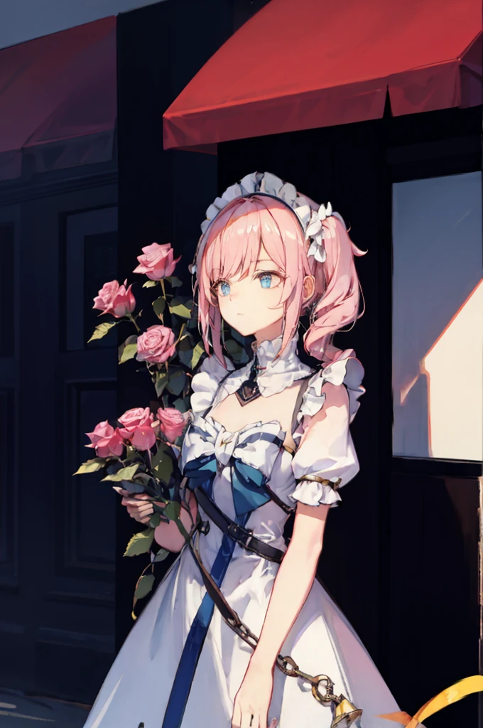 1 girl，rose，Upper body，pink long hair,high twin tail,((White Maid Costume)),blue eyes,Blunt bang,((whole body)),whole body,