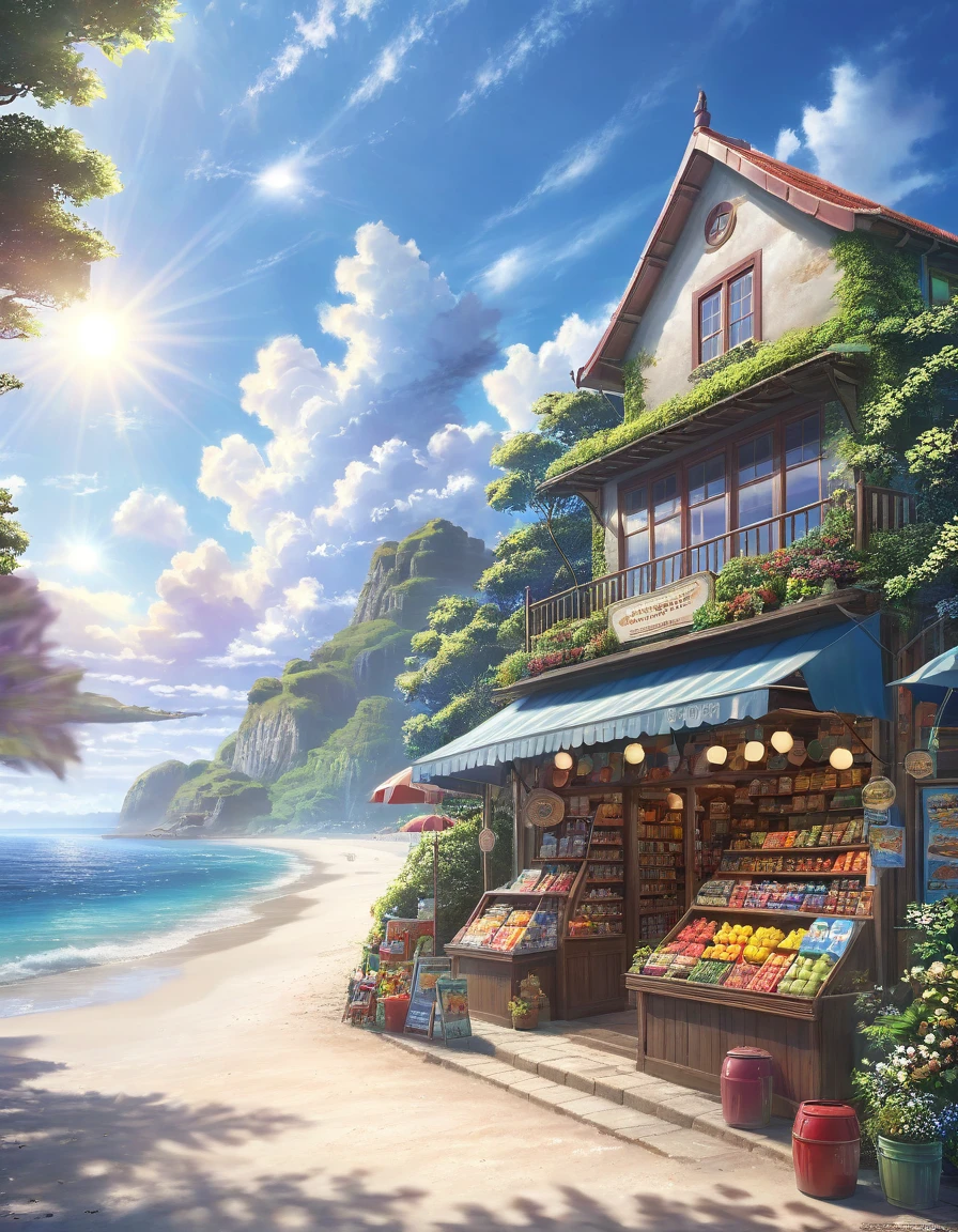 a scenic seaside souvenir shop, detailed realistic landscape, beautiful detailed sky with clouds, lush foliage, intricate architecture, sunlight streaming through windows, vibrant colors, (best quality,4k,8k,highres,masterpiece:1.2),ultra-detailed,(realistic,photorealistic,photo-realistic:1.37),cinematic lighting,dramatic shadows,highly detailed textures,professional photography