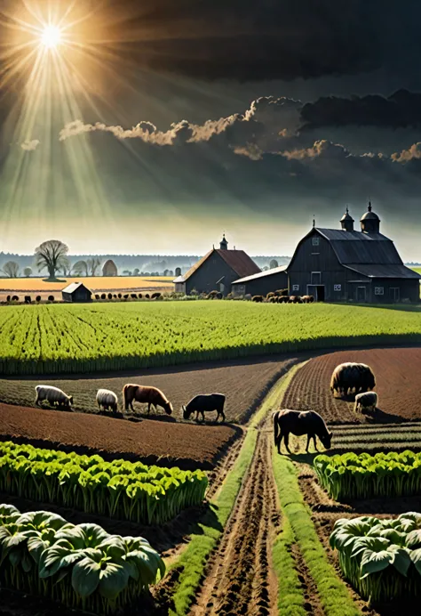 panoramic view of a planting field, with some barns in the distance and animals on a sunny morning , dark fantasy  style from th...