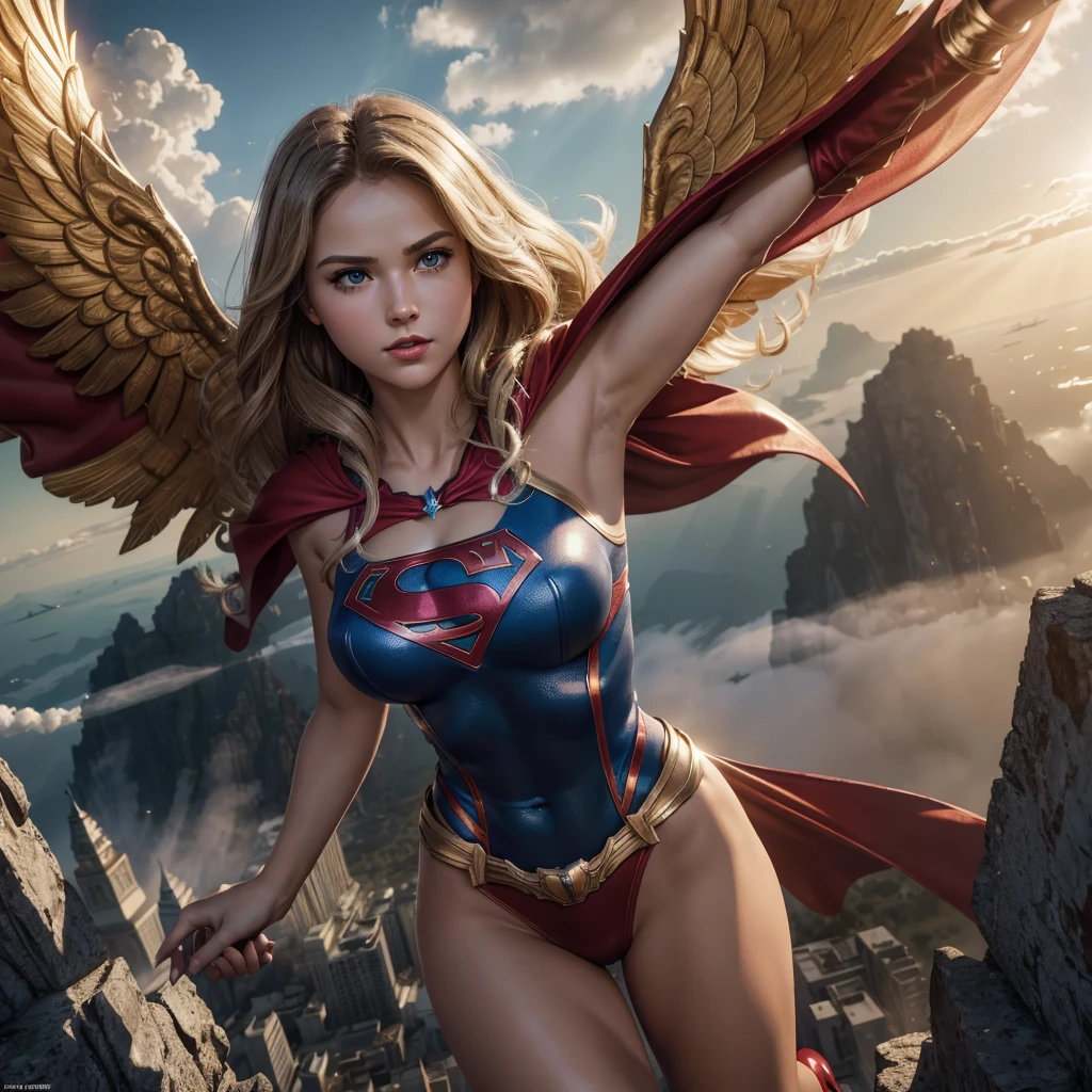 ((傑作)) 以最好的品質, 展示超詳細的 CG Unity 8K 桌布, presents a majestic and powerful supergirl soaring through the clouds. 當她飛翔時，她大膽而自信的舉止顯而易見, 她的斗篷隨著她翅膀的每一次強有力的拍動而在她身後飄揚. 戲劇性的燈光營造出溫暖的氛圍, 金色的色調掩蓋了她強大的氣場, 打造她的猩紅色超級套裝和標誌性的 "s" 她胸前的徽章很顯眼.

該場景以令人驚嘆的城市景觀和壯觀的雲景為背景, 充滿滾滾濃煙和碎片. 體積光增加了深度和真實感