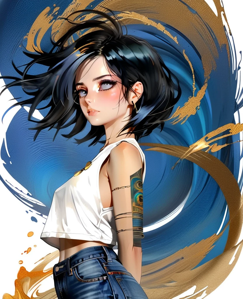 em uma praia com grande luar elementos sombrios style, modern girl Alita + Android 18 gold DBZ  blue black gold lux dark jeans hort regata fire tattoo, expressive pose, urbanpunk, multi-layered perfect texture background, neo-expressionist, Russ Mills, Ian Miller, Harrison Fisher, Brian Froud, Jeremy Mann, Steadman , Hanuka, Klimt, Bell, Hobbie, Newton, greg rutkowski, atmospheric, hyperdetail, artstation trend, artgerm, deviant art, octane, masterpiece, complex art, intricat