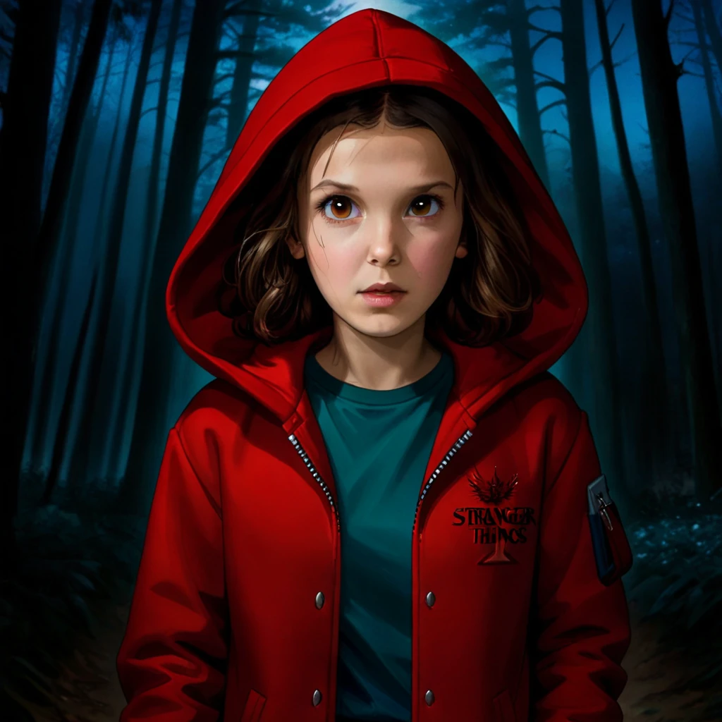 milli3 woman, Millie Bobby Brown, 1 girl wearing a red jacket and hood, Netflix, stranger things, eleven in dark forest, front view