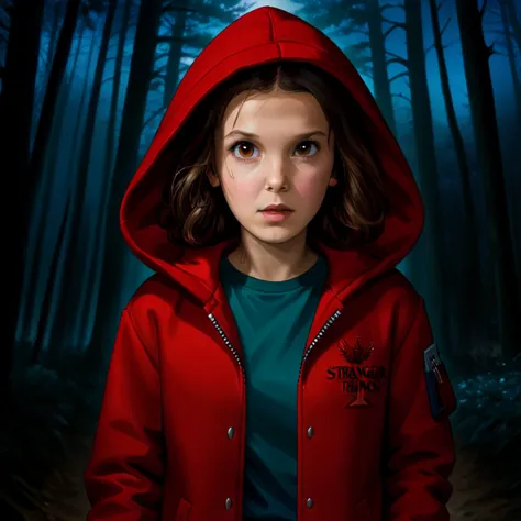 milli3 woman, Millie Bobby Brown, 1 girl wearing a red jacket and hood, Netflix, stranger things, eleven in dark forest, front v...