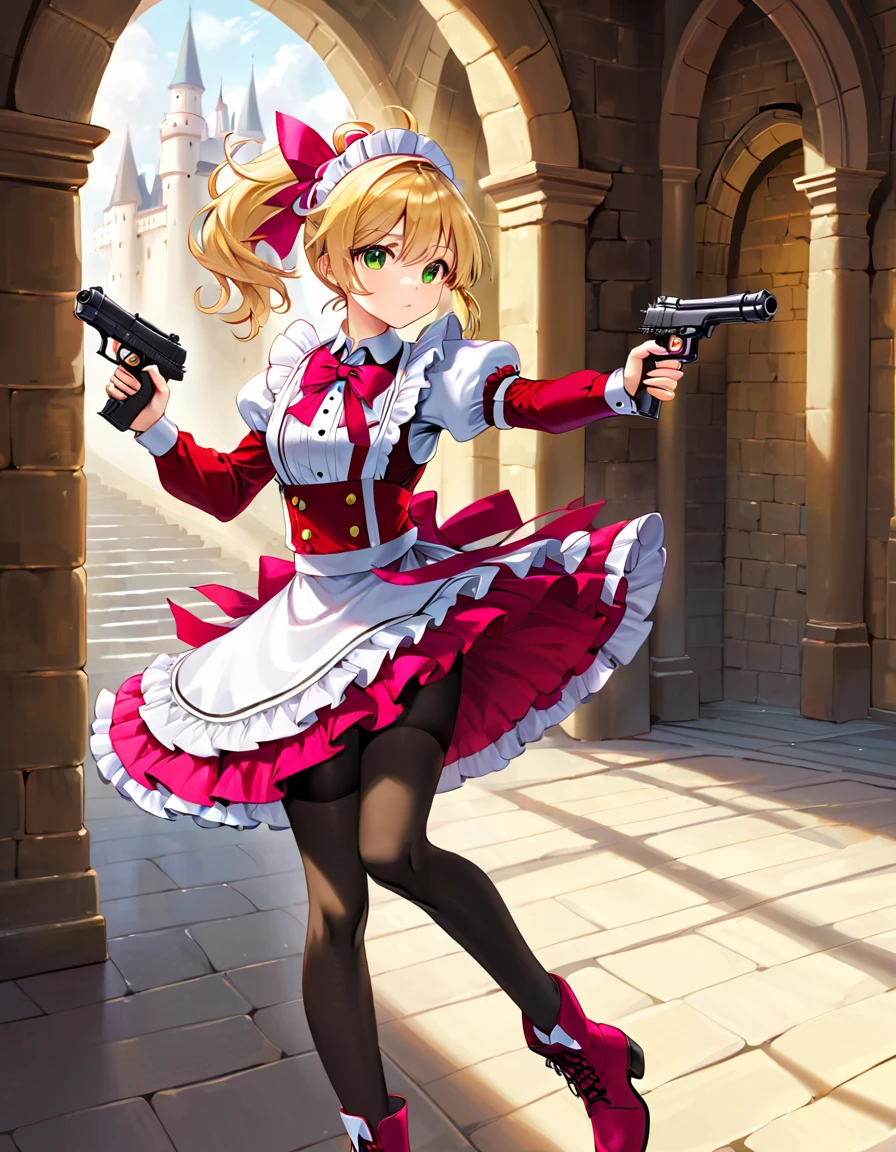 (best quality,4k,8k,highres,masterpiece:1.2),ultra-detailed, (1girl) A cute teenage gunslinger maid with green eyes, drawn in anime style, spiky light blonde hair in a long ponytail, victorian fashion, wearing a cute white maid dress with puffy sleeves, corset, tactical gear, light armour, petticoat, bloomers, black pantyhose, black tights, a frilly headband, a frilly pink apron, high-heel boots, ribbons, (lora:perfect hands:1, complete fingers, wielding a gun with one hand, Beretta 92FS), steampunk style, guarding a castle hallway, extremely detailed eyes and face,longeyelashes,volumetric lighting,cinematic lighting,protective posture,dramatic close up,highly detailed texture,intricate details.
