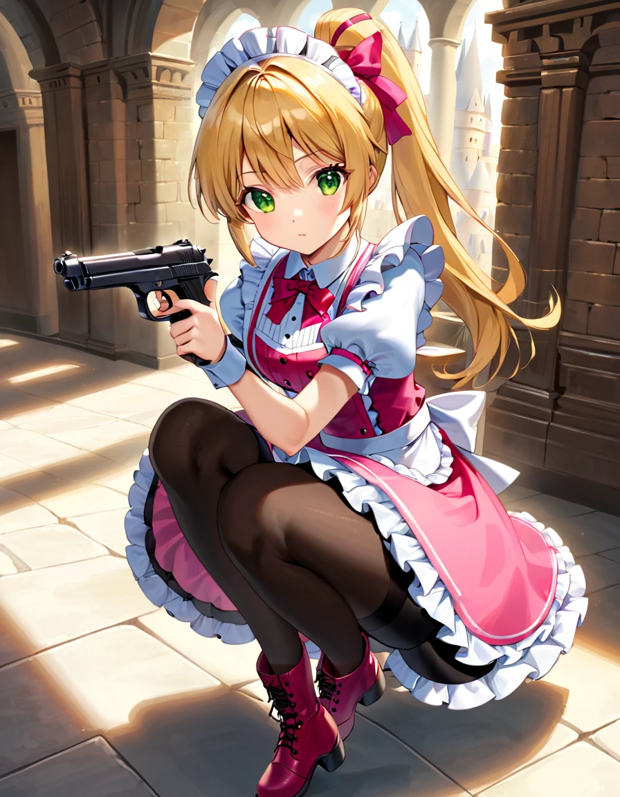 (best quality,4k,8k,highres,masterpiece:1.2),ultra-detailed, (1girl) A cute teenage gunslinger maid with green eyes, drawn in anime style, spiky light blonde hair in a long ponytail, victorian fashion, wearing a cute white maid dress with puffy sleeves, corset, tactical gear, light armour, petticoat, bloomers, black pantyhose, black tights, a frilly headband, a frilly pink apron, high-heel boots, ribbons, (lora:perfect hands:1, complete fingers, wielding a gun with one hand, Beretta 92FS), steampunk style, guarding a castle hallway, extremely detailed eyes and face,longeyelashes,volumetric lighting,cinematic lighting,protective posture,dramatic close up,highly detailed texture,intricate details.