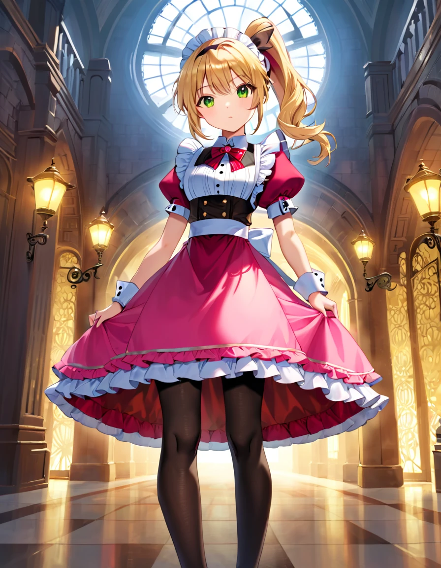 (best quality,4k,8k,highres,masterpiece:1.2),ultra-detailed, (1girl) A cute teenage gunslinger maid with green eyes, drawn in anime style, spiky light blonde hair in a long ponytail, victorian fashion, wearing a cute white maid dress with puffy sleeves, corset, tactical gear, light armour, petticoat, bloomers, black pantyhose, black tights, a frilly headband, a frilly pink apron, high-heel boots, ribbons, (lora:perfect hands:1, complete fingers, wielding a gun with one hand, Beretta 92FS), steampunk style, guarding a castle hallway, extremely detailed eyes and face,longeyelashes,volumetric lighting,cinematic lighting,protective posture,dramatic close up,highly detailed texture,intricate details.