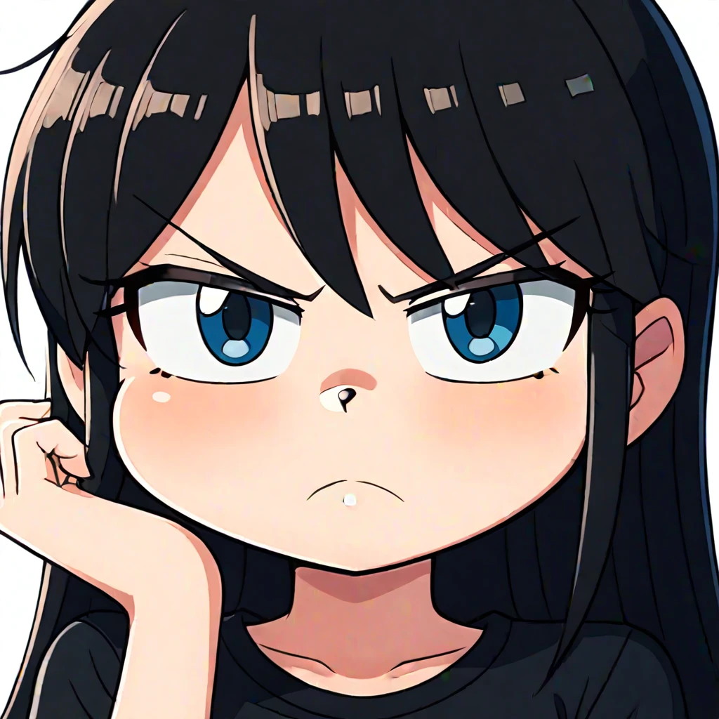 (toon:1.2), (anime:0.3), anitoonstyle, 1girl, black hair, blue eyes, pouty face, pouting,, upper body, black t shirt, white bavkground