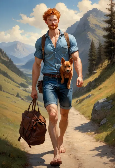 1 man walking on a mountain rural pathway  wearing lumberjack shirt, blue jeans, brown bots, blue indigo back bag, blue cap, smi...