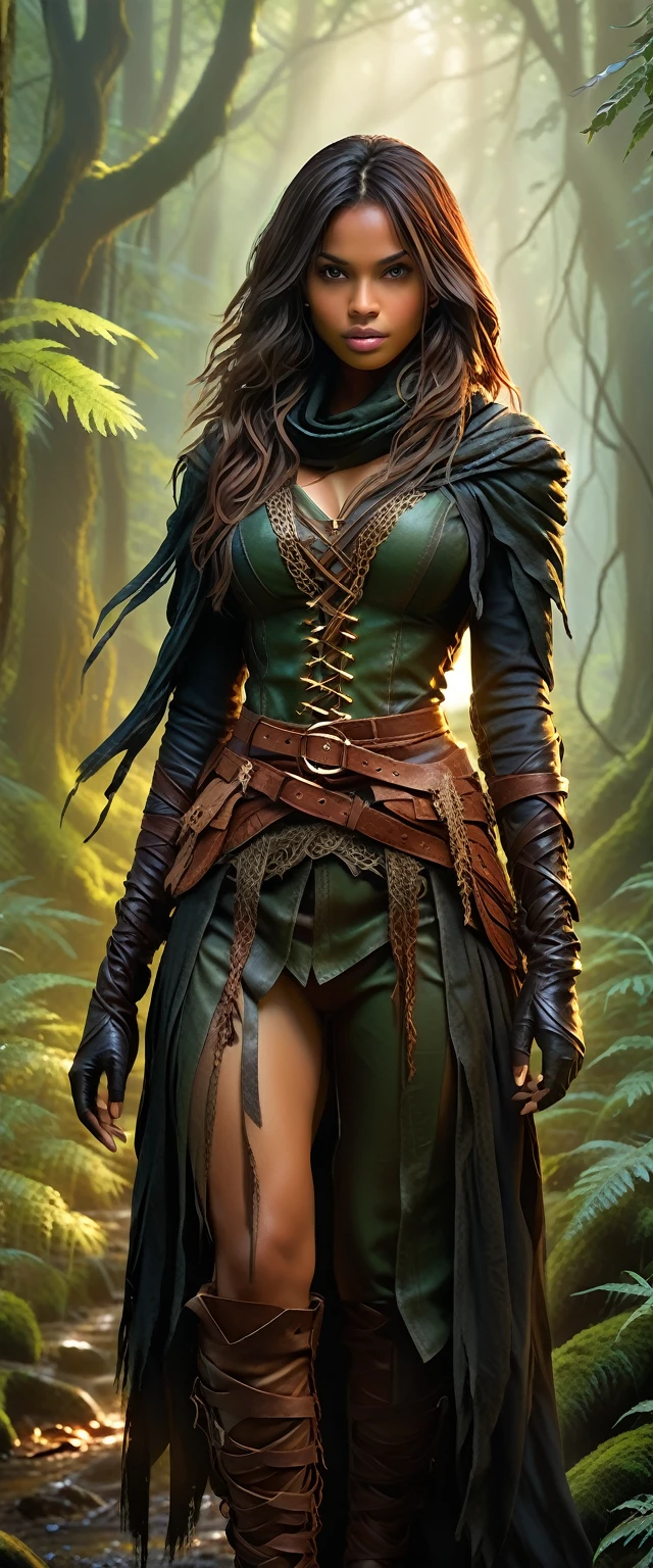 A stunningly beautiful and fierce woman with light skin and her companion, a shorter woman with darker skin, run through a deep, ancient forest. They exude a rebellious aura, with their long, flowing hair and eyes that sparkle with defiance. Dressed in a blend of rugged leather and elegant fabrics, they appear both dangerous and alluring. In their hands, they grip finely crafted swords, symbols of their strength and skill. The forest around them is dense and mysterious, with mist swirling between ancient trees, suggesting an epic journey. The lighting filters through the dense foliage, casting dramatic shadows that add to the mystery and intensity of the scene. The overall mood is one of adventure, romance, and a hint of danger.
