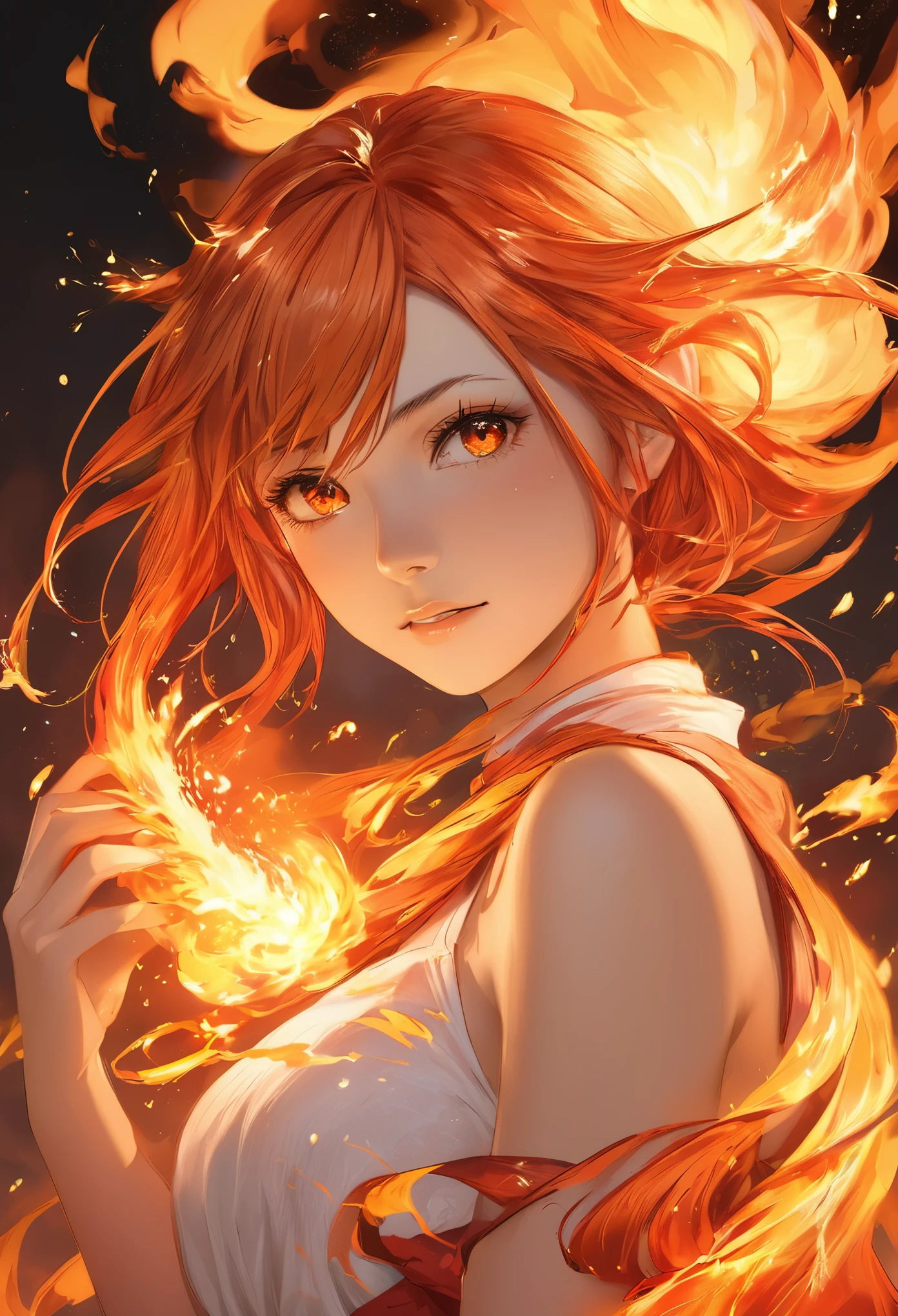 One girl, Female Fire Spirit, Fire-colored hair, Internal Fire, Put a few drops of sparks on your skin,