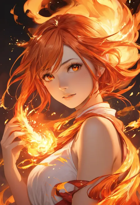 one girl, female fire spirit, fire-colored hair, internal fire, put a few drops of sparks on your skin,