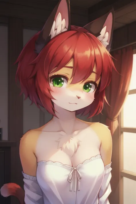 Masterpiece, Best Quality, SakuraVRC, 1 girl, Alone, short hair, Red hair, green eyes, , animal ear fluff ;3, cat&#39;s mouth,  ...