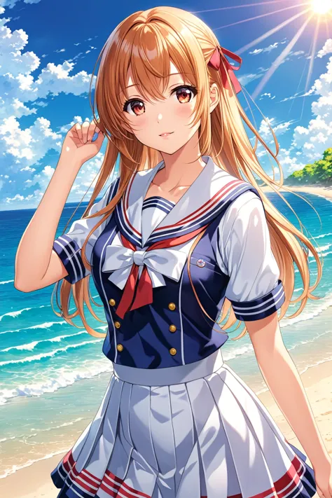 (Ultra-detailed illustrations:1.2),Anime Girls in sailor outfit standing on beach with sun shining,  Cute girl anime visuals, Be...