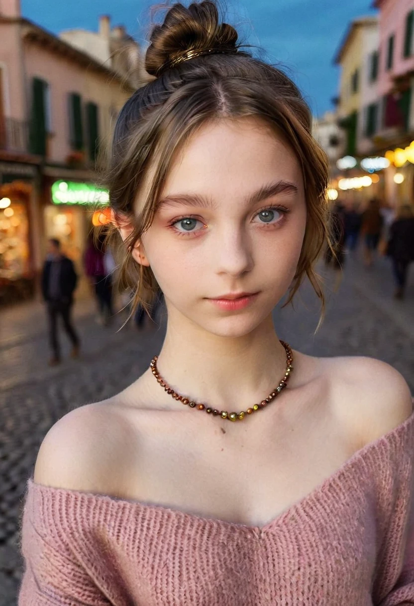 Low quality, wrong lights, wrong exposition, amateur selfie of an eye contact of a chestnut hair young girl with hair in a bun, hazelnut colored eyes, ((Emma Myers)) 16 years old, flirting with the camera, necklace, Off The Shoulder sweater, colorful sweater, topless, sicilian promenade background