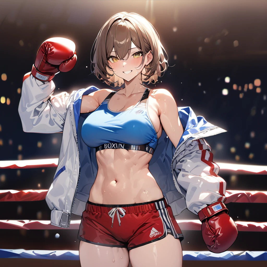 A woman wearing a short blue shirt, sporty abdomen, defined abdomen, exposed shoulder, large breasts, wearing a long white leather jacket with blue details, a hooded jacket, wearing large boxer shorts, red shorts with a white stripe, boxing belt, wearing big red boxer glove, smiling, brown hair, short hair, yellow eyes, in a boxer ring, lighting place, sweaty mess, standing posture,UHD , prime work , accurate , anatomically correct , textured skin , super details , high quality , best quality, 8k, high resolution, bokeh effect. (woman alone)
