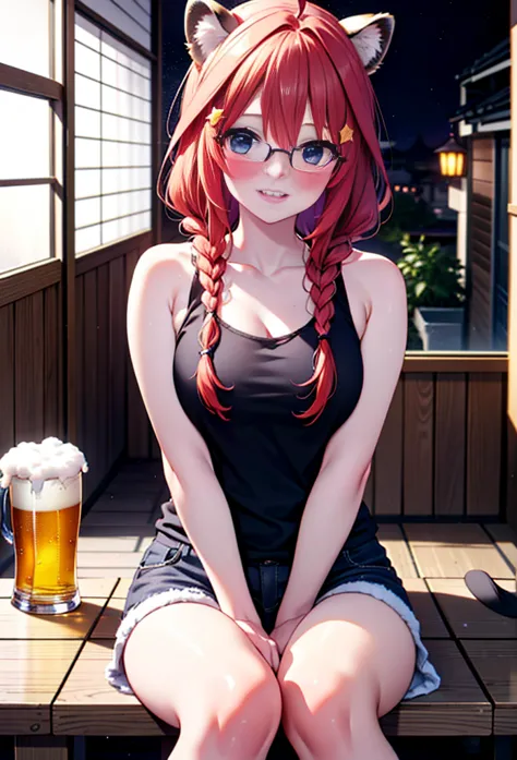 satsuki nakano, itsuki nakano, bangs, blue eyes, hair between the eyes, ahoge, redhead, long braids,red-rimmed glasses,star \(sy...