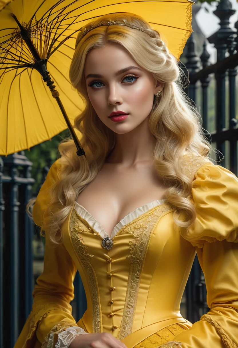 (highest quality, 4k, 8K, High resolution, masterpiece: 1.2), (Super detailed, realistic, realistic:1.37) Seductive blonde princess, Wearing a striking yellow Victorian dress, Standing in front of a gate holding an umbrella. Her mesmerizing eyes are exquisitely crafted, Capture every sparkle and depth, her lips、It boasts a detailed beauty that is captivating and enchanting.。. The level of detail is across the entire face, Each contour and feature is perfectly and meticulously rendered., Create a sense of hyperrealism that draws viewers in. 

girls&#39; clothes, It is a work of art in itself. material, Adds a touch of dynamism to her overall look. It truly reflects the artist&#39;s talent, show off your skill