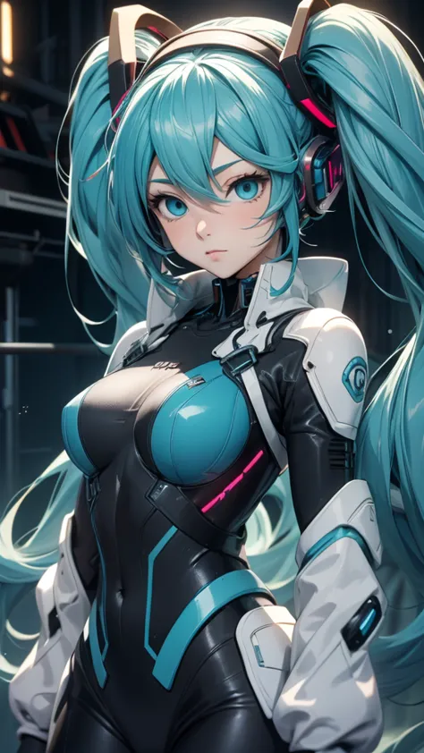 Hatsune Miku Vocaloid, Twin tails, Bright Blue Eyes, Light blue hair, Bodysuits, cyber punk, Ultimate Physical Beauty, Beautiful...