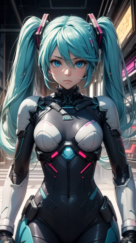 Hatsune Miku Vocaloid, Twin tails, Bright Blue Eyes, Light blue hair, Bodysuits, cyber punk, Ultimate Physical Beauty, Beautiful...