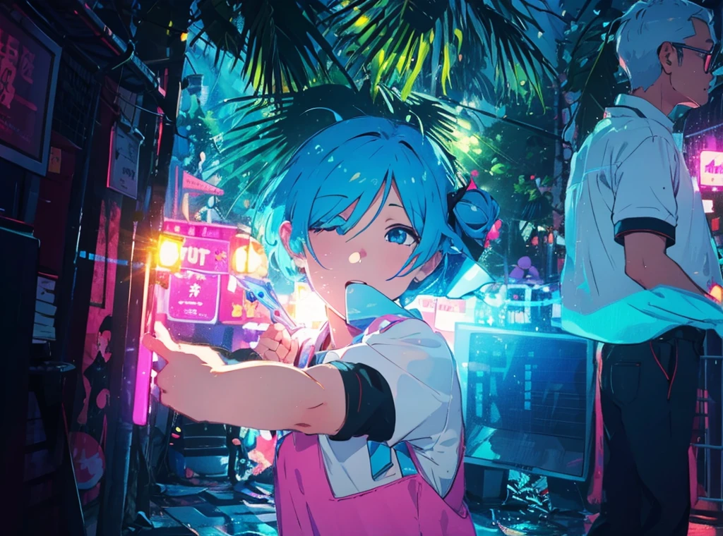 vibrant art,Pop music、bright、rich and colorful, 1 male, Light blue hair,　short hair、Happy,Lovely, Animation Style, Kawaii, Clearly, rich and colorful cyberpunk, bubblegum Pop music, Lovely、pink、Light blue as main color、I&#39;I大声欢呼、　Wearing headphones、Headphone music、