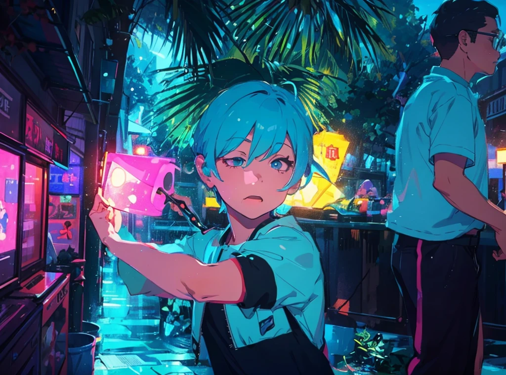 vibrant art,Pop music、bright、rich and colorful, 1 male, Light blue hair,　short hair、Happy,Lovely, Animation Style, Kawaii, Clearly, rich and colorful cyberpunk, bubblegum Pop music, Lovely、pink、Light blue as main color、I&#39;I大声欢呼、　Wearing headphones、Headphone music、