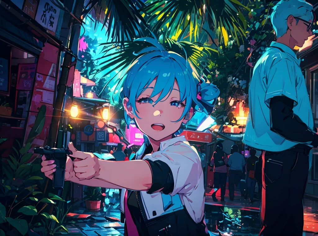 vibrant art,Pop music、bright、rich and colorful, 1 male, Light blue hair,　short hair、Happy,Lovely, Animation Style, Kawaii, Clearly, rich and colorful cyberpunk, bubblegum Pop music, Lovely、pink、Light blue as main color、I&#39;I大声欢呼、　Wearing headphones、Headphone music、