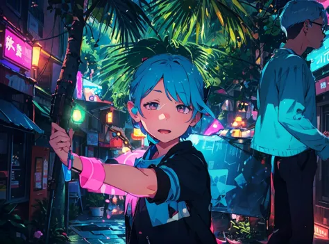 vibrant art,pop music、bright、rich and colorful, 1 male, light blue hair,　short hair、happy,lovely, animation style, kawaii, clear...