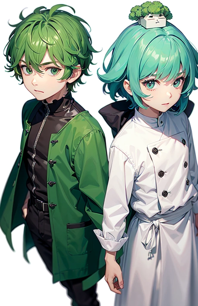 (same characters, front, ~ side, return), simple returnground!, (whole body), With building block elements, Green Hair Boy, Broccoli hairstyle,Man with broccoli on his head,