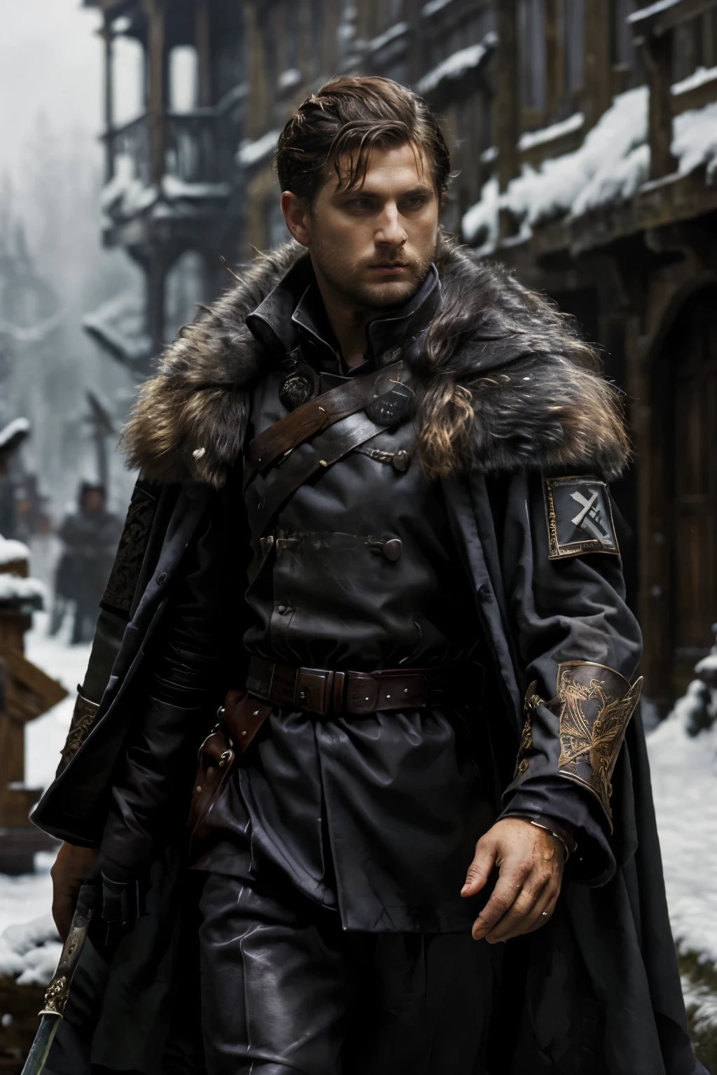 ((best quality)), ((masterpiece)), (detailed),((Ole paint style)),((German traits)),((Dark Fantasy)) Male general, with a coat,  clothing style, war general, dark fantasy, snow, adult male, short hair, side part hairstyle, ole paint, russian coat, detailed face, detailed hair, rough traits,((Short hair)),((Nazi coat)), Hugo stiglitz, no armor, elegant coat,((side part hairstyle)),((elegant clothes)),((Hugo Stiglitz style)) inglorious basterds,((Rough traits))