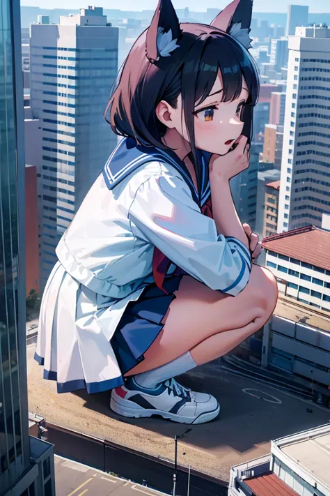 Huge teenage kitsune girl in sneakers，A girl taller than a building，a sailor suit，short  skirt,Squatting maiden, bueatyful face