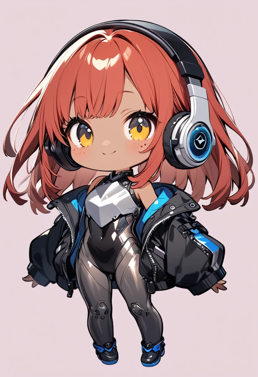 full body,1 girl,(cute:1.3),short, spiky, red Hair, left eye blue, right eye yellow, tan skin, freckles,｛White breastplate, Black futuristic headphones, Mechanical black glossy metallic Bodysuit, Bare shoulders, oversized jacket, Glossy, shiny material,chibi emote, chibi character
