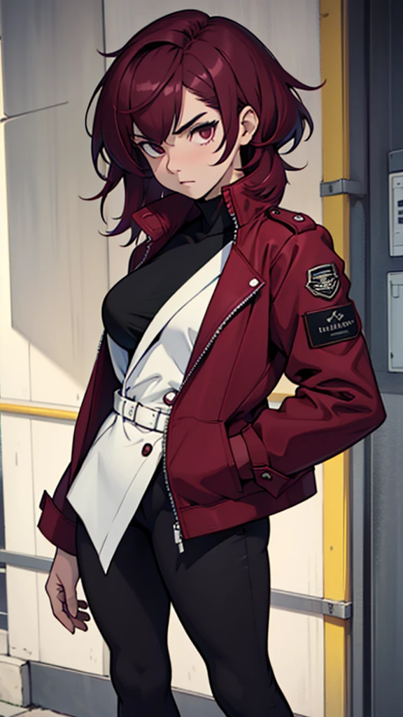 masterpiece, best quality, general uniform, solo, 1girl, busty, expressionless, looking at viewer, own hands together, burgundy colored hair, split-colored hair, dripjacket, black pants