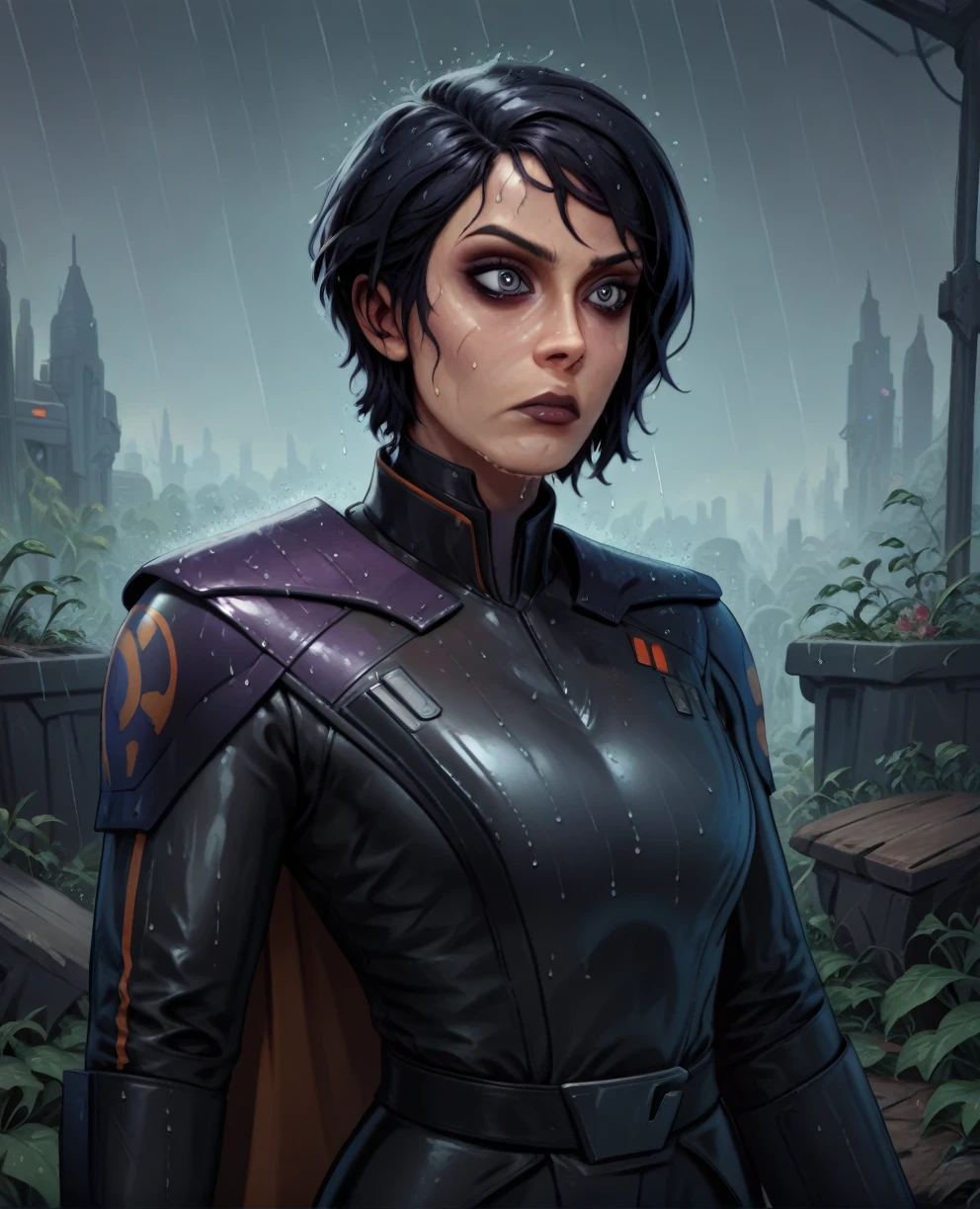 score_9,score_8_up,score_7_up,score_6_up, sabine wren ,,black hair, upper body, wet, armor,gloves,black bodysuit,black cape,belt,rain, science fiction,sith base, star wars, outdoors, rain, solo,fflixbag wearing armor sabine wren
