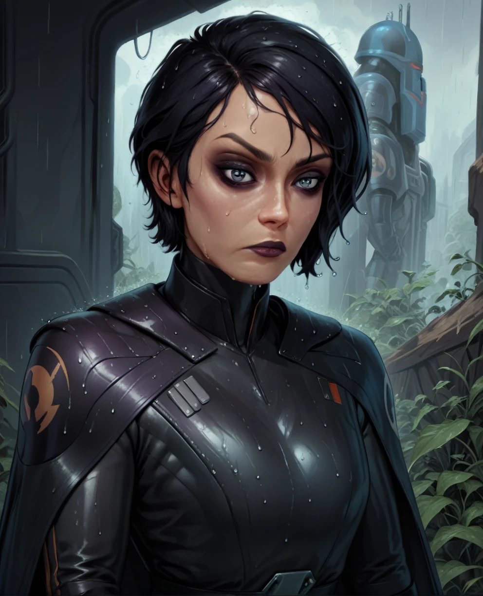 score_9,score_8_up,score_7_up,score_6_up, sabine wren ,,black hair, upper body, wet, armor,gloves,black bodysuit,black cape,belt,rain, science fiction,sith base, star wars, outdoors, rain, solo,fflixbag wearing armor sabine wren
